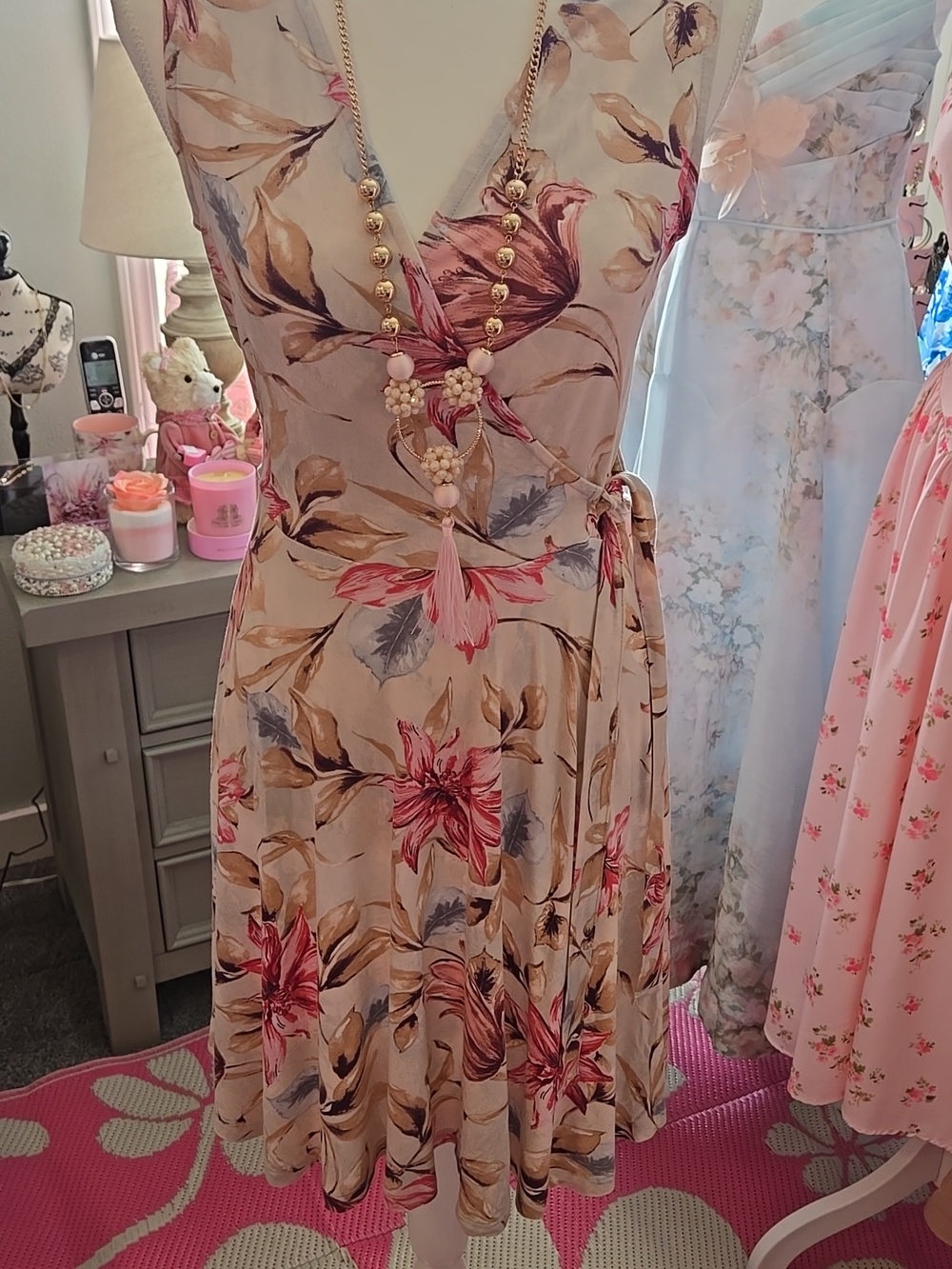 Floral Wrap Midi Dress in Beige and Pink